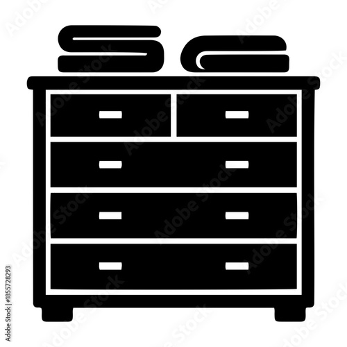 Minimalist black silhouette icon of chest of drawers with folded laundry for home storage organization