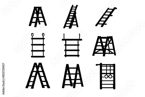 Collection of nine different types of ladders in silhouette