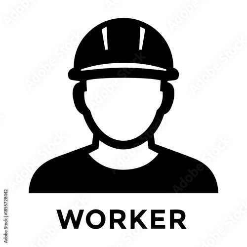 Minimalist black and white icon of construction worker wearing safety hard hat for industrial labor