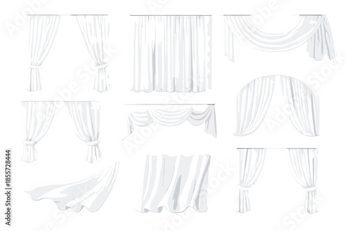 Collection of elegant white drapes and curtains in various styles