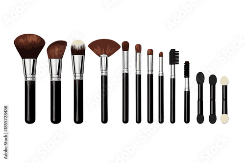 Collection of makeup brushes and applicators arranged on a gradient background.