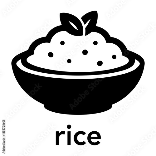 Minimalist black and white vector icon of a bowl of rice with garnish and text label