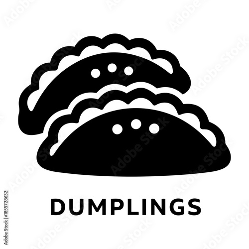 Minimalist black and white vector icon of two traditional dumplings or pierogi for culinary menu.