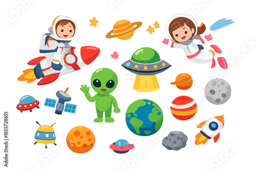 Cute Space Exploration Scene with Astronauts and Aliens