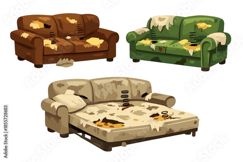 Three worn-out couches in different colors
