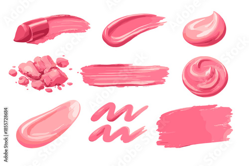 Various pink makeup swatches and textures on a gradient background.