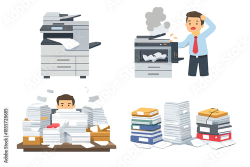 Office stress: overwhelmed man drowning in paperwork next to broken printer
