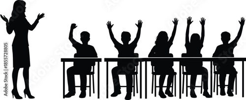 Black silhouette of female teacher standing in front of students in classroom, children raising hands to answer question, school, education