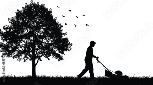 Black silhouette of man mowing lawn with lawnmower under a large tree, garden maintenance, landscaping service, backyard summer work, 