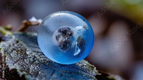 Delicate Blue Frozen Bubble Resting on a Frost-Covered Leaf in Winter