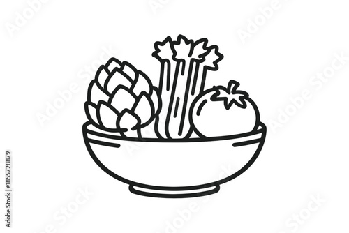 Line art bowl of fresh vegetables on yellow background