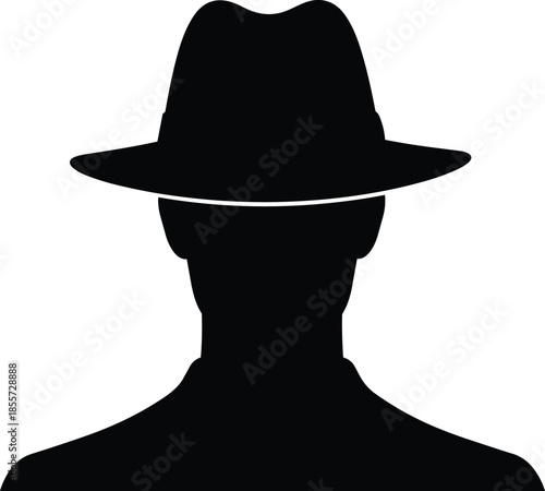 Black silhouette of mysterious man wearing fedora hat, classic detective profile, secret agent spy icon, vintage noir style fashion, criminal