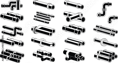 Pipe fittings vector, plumbing connector, industrial pipeline design, mechanical joint, construction element, water system, coupling illustration, reducer graphic, elbow tee