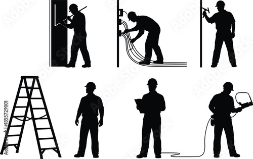 Black silhouettes of construction workers and electricians set with tools and ladder isolated on white background, industrial labor vector illustration.