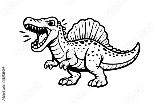 Fierce cartoon Spinosaurus roaring with sail