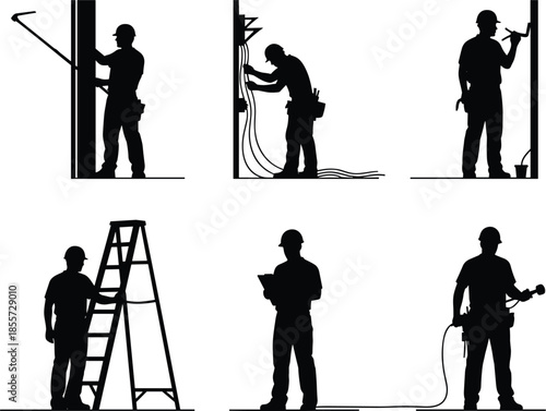 Black silhouettes of construction workers and electricians with tools and ladder isolated on white background, industrial labor vector illustration set.