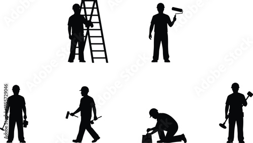 Black silhouettes of house painters and construction workers with tools and ladders isolated on white background, home renovation vector set.