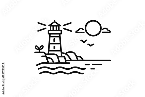 Minimalist lighthouse icon with sun and birds