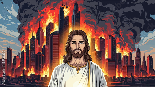 Dramatic illustration of Jesus standing in front of a city engulfed in flames, conveying a powerful and intense scene of destruction and chaos.