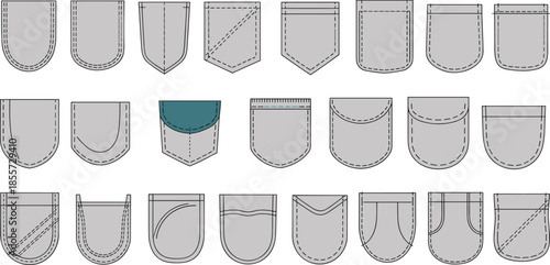 Pocket style collection, garment stitching icons, clothing accessory illustration, tailoring design symbols, fashion detail pack, stylish pocket variations