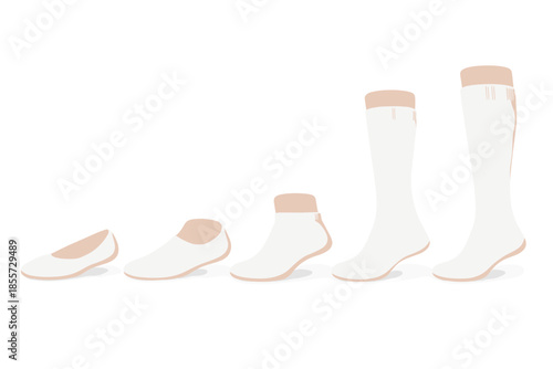 White socks and shoes in ascending order on gray background