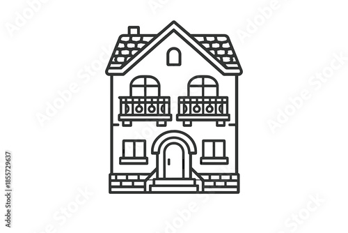 Stylized Outline of a Two-Story House with Balconies and Arched Doorway