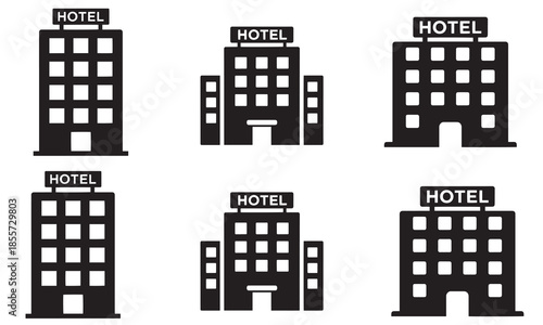 A collection of six black flat design hotel icons for travel and accommodation purposes