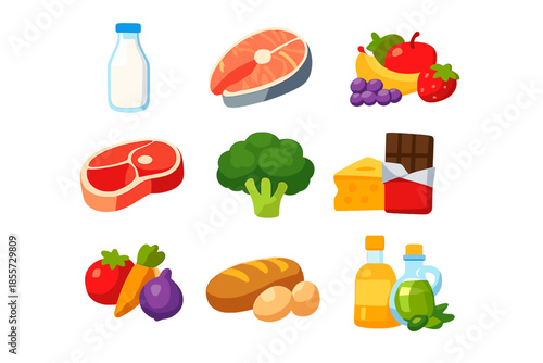 Collection of stylized food icons in a grid