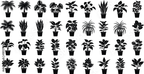 Potted plant silhouette collection, indoor greenery vector, decorative foliage design, botanical illustration set, houseplant decor art, black plant icons