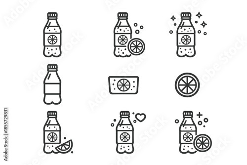 Set of nine minimalist icons representing bottles of soda and citrus slices