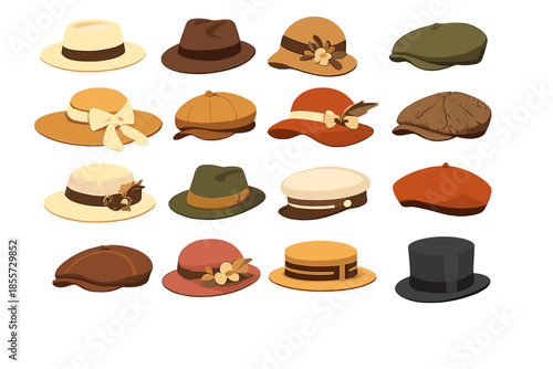 Collection of vintage hats arranged in rows