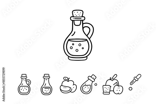 Line art bottles and apples with dropper