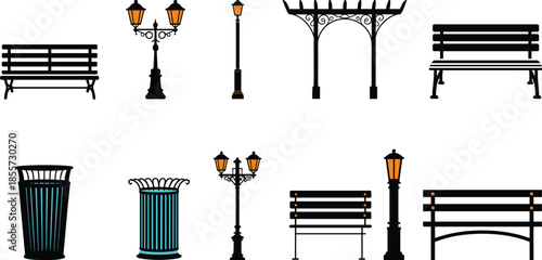 Public park fixture silhouette, bench lamp vector, trash bin design artwork, pergola illustration, outdoor urban decor icon, landscaping graphic