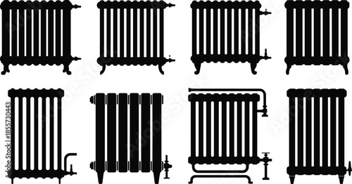 Radiator silhouette vector, heating system design, home appliance icon, vintage radiator artwork, modern heating element, interior decor graphic