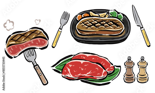 ステーキ（鉄板プレート・生肉・フォーク・ナイフ・塩コショウ）　手描きイラスト　
