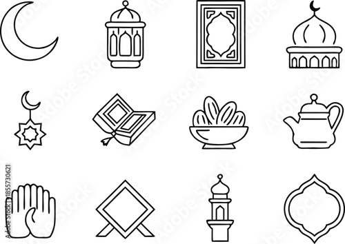 Islamic line art icons set for ramadan and eid celebration with moon mosque book lantern and dates
