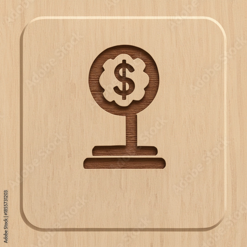 Wooden Dollar Sign Icon on Square Button, featuring a dollar sign globe symbol. Minimalist Financial Symbol for Business and E-commerce Design