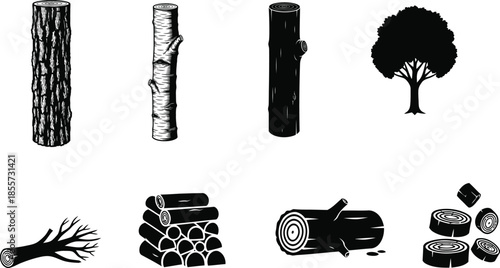 Various stages of wood from tree to logs