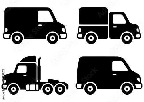Conjunto de iconos de vehículos de transporte y reparto. Siluetas de furgoneta, camión de carga, cabeza tractora y camioneta comercial. Vector negro aislado.