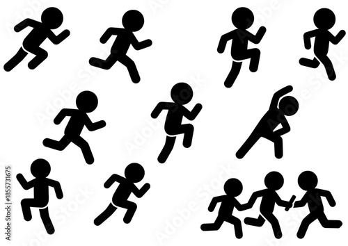 Conjunto de iconos de siluetas de corredores y atletismo. Figuras de personas corriendo, estirando, haciendo sprint y carrera de relevos pasando el testigo. Pictogramas deportivos en negro.
