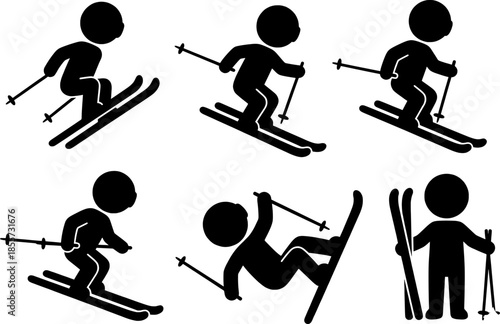 Conjunto de iconos de esquiadores en acción. Siluetas de personas esquiando, saltando, cayendo y posando con esquís y bastones. Pictogramas de deportes de invierno en negro.