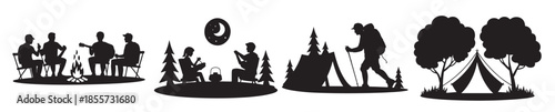 silhouettes of people enjoying camping and outdoor
