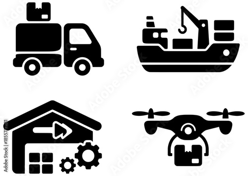 Conjunto de iconos de logística y distribución. Siluetas de camión de reparto, barco de carga con grúa, almacén con engranajes y dron entregando un paquete. Vector negro.