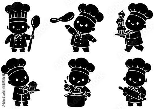 Conjunto de iconos de pequeños chefs cocinando. Siluetas de cocineros estilo kawaii horneando, haciendo pizza, mezclando en olla y llevando cupcakes. Vector negro infantil.