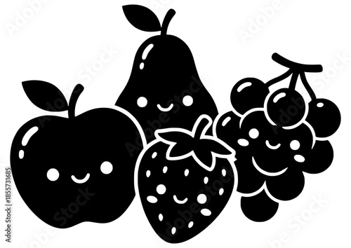 Conjunto de iconos de frutas con caras lindas estilo kawaii. Siluetas de manzana, pera, fresa y uvas sonrientes. Vector negro aislado.