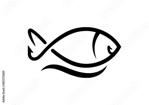 Icono de logotipo de pez estilizado. Dibujo de línea simple de un pez con una ola. Símbolo abstracto de mariscos, pesca o fe cristiana. Vector negro.