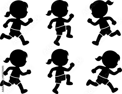 Conjunto de iconos de siluetas de una niña corriendo. Diferentes fases del movimiento de carrera de una chica joven con coleta. Estilo vector negro.