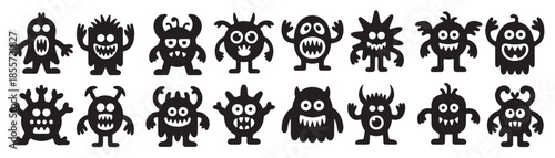  sixteen black silhouette monsters cartoon characters set