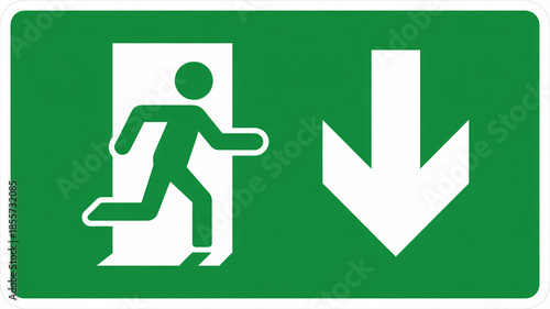 Emergency exit sign with running man and downward arrow
