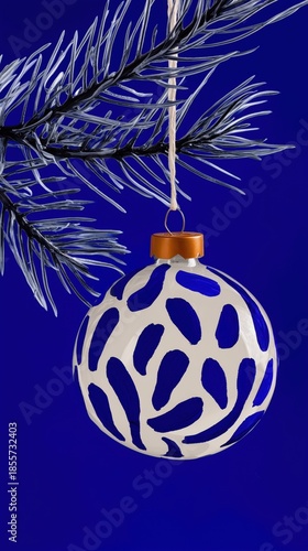 Artistic White and Blue Bauble Hanging on Abstract Winter Foliage